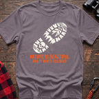 Paragon t-shirt with white boot print graphic featuring a skull and pine trees, and orange text reading Nature Is Beautiful And It Wants You Dead