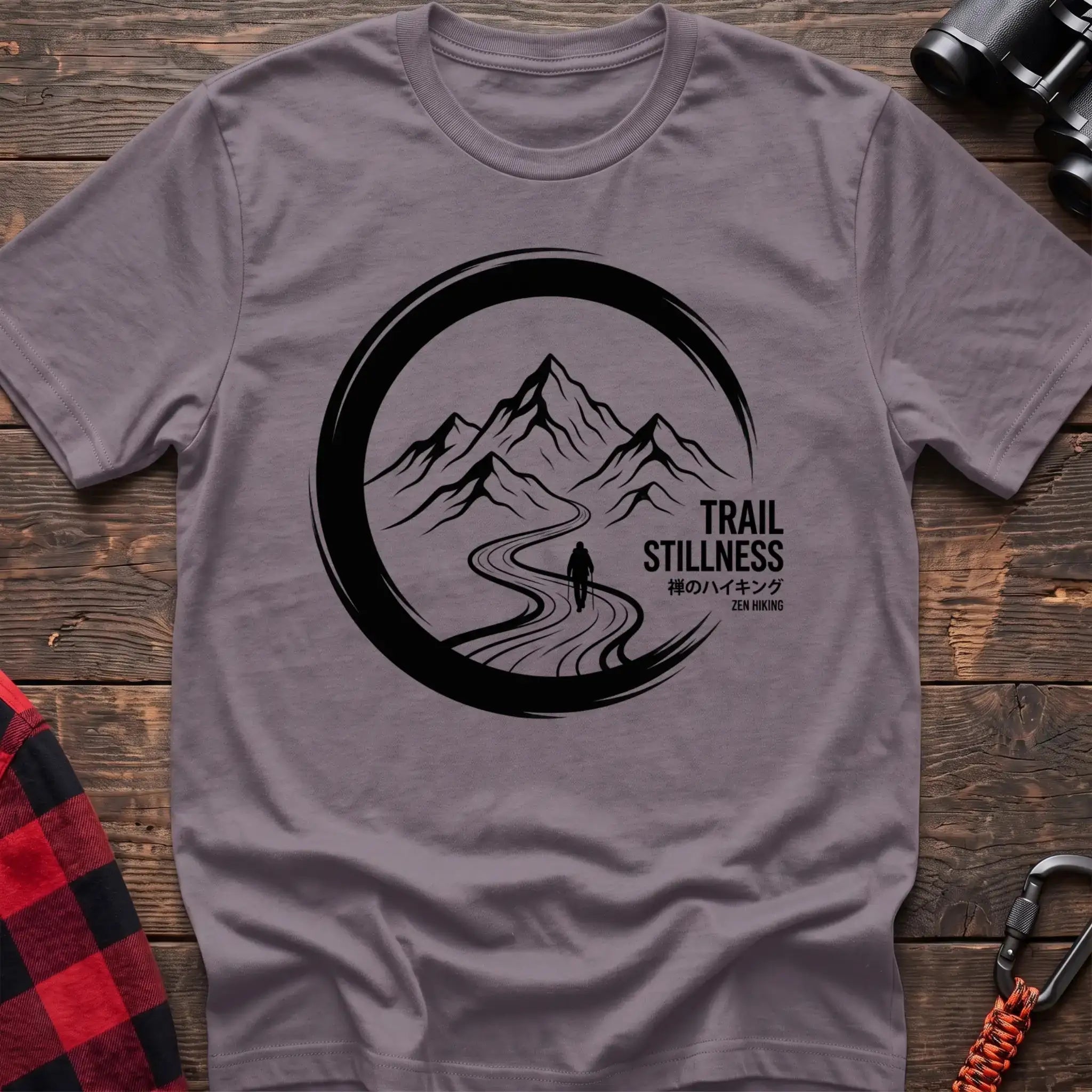 Paragon t-shirt with circular mountain trail graphic of a hiker and the text Trail Stillness Zen Hiking
