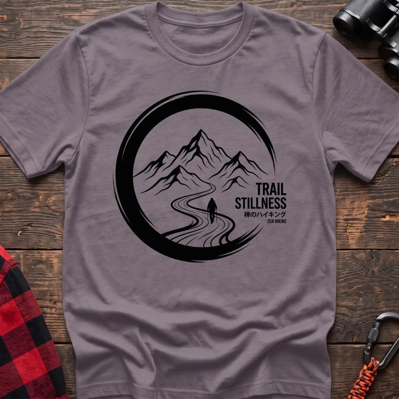 Paragon t-shirt with circular mountain trail graphic of a hiker and the text Trail Stillness Zen Hiking