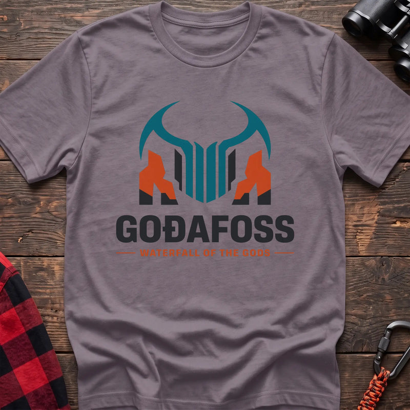 Paragon cotton t-shirt with a basalt column graphic and Svartifoss Basalt and Bad Weather text on rustic wood