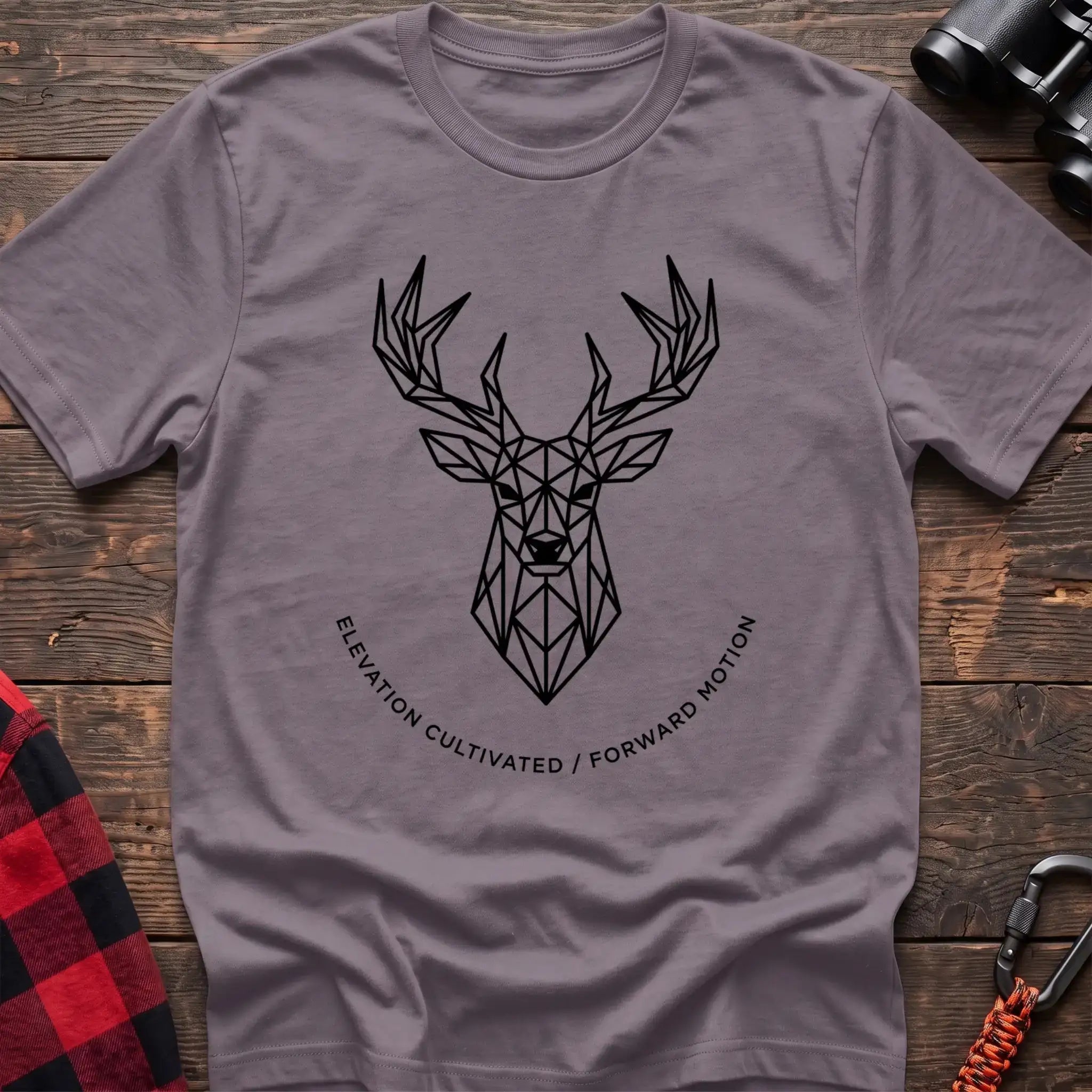 Paragon t-shirt with geometric deer head graphic and the text Elevation Cultivated Forward Motion