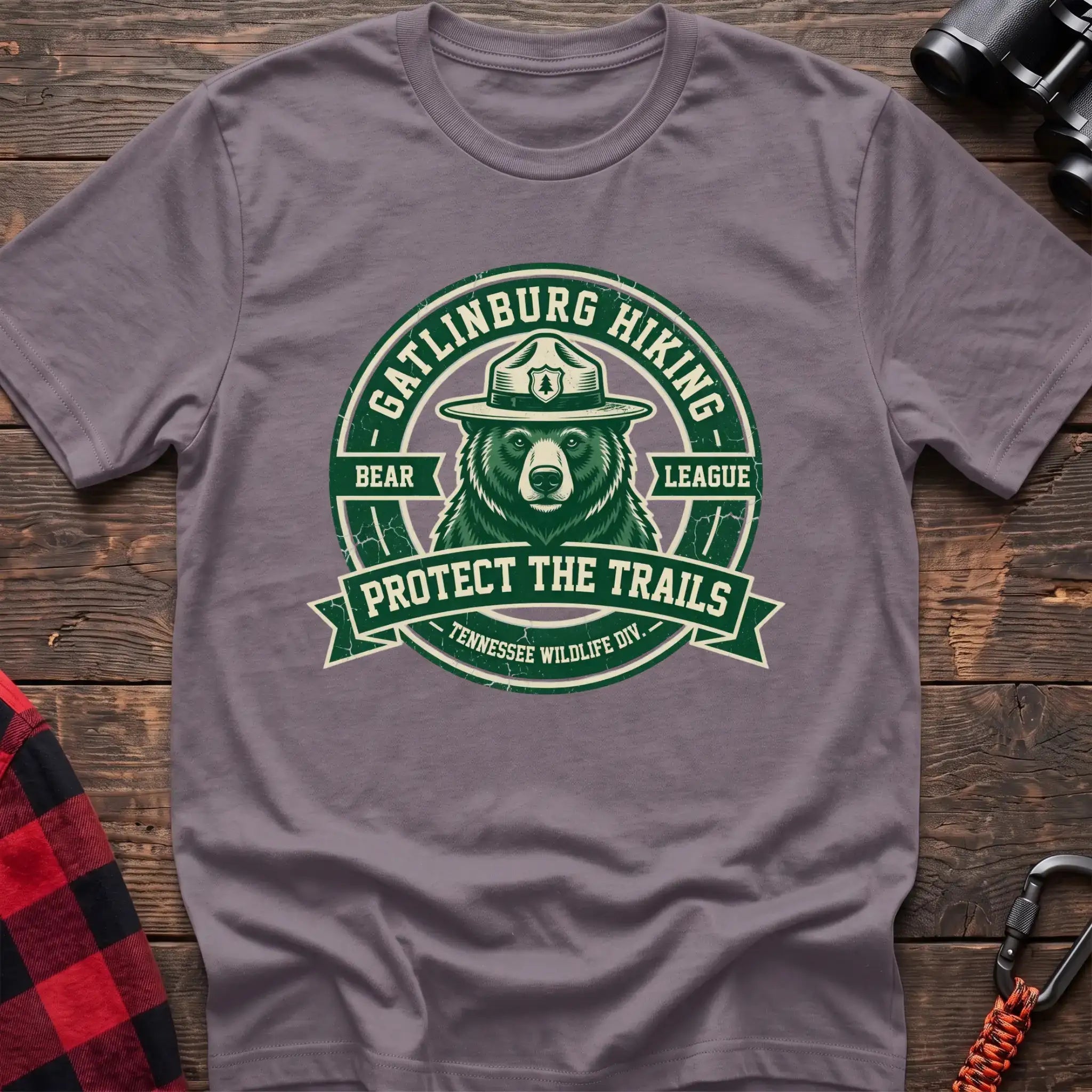 Paragon t-shirt with circular badge of a bear in a ranger hat reading Gatlinburg Hiking Bear League Protect the Trails
