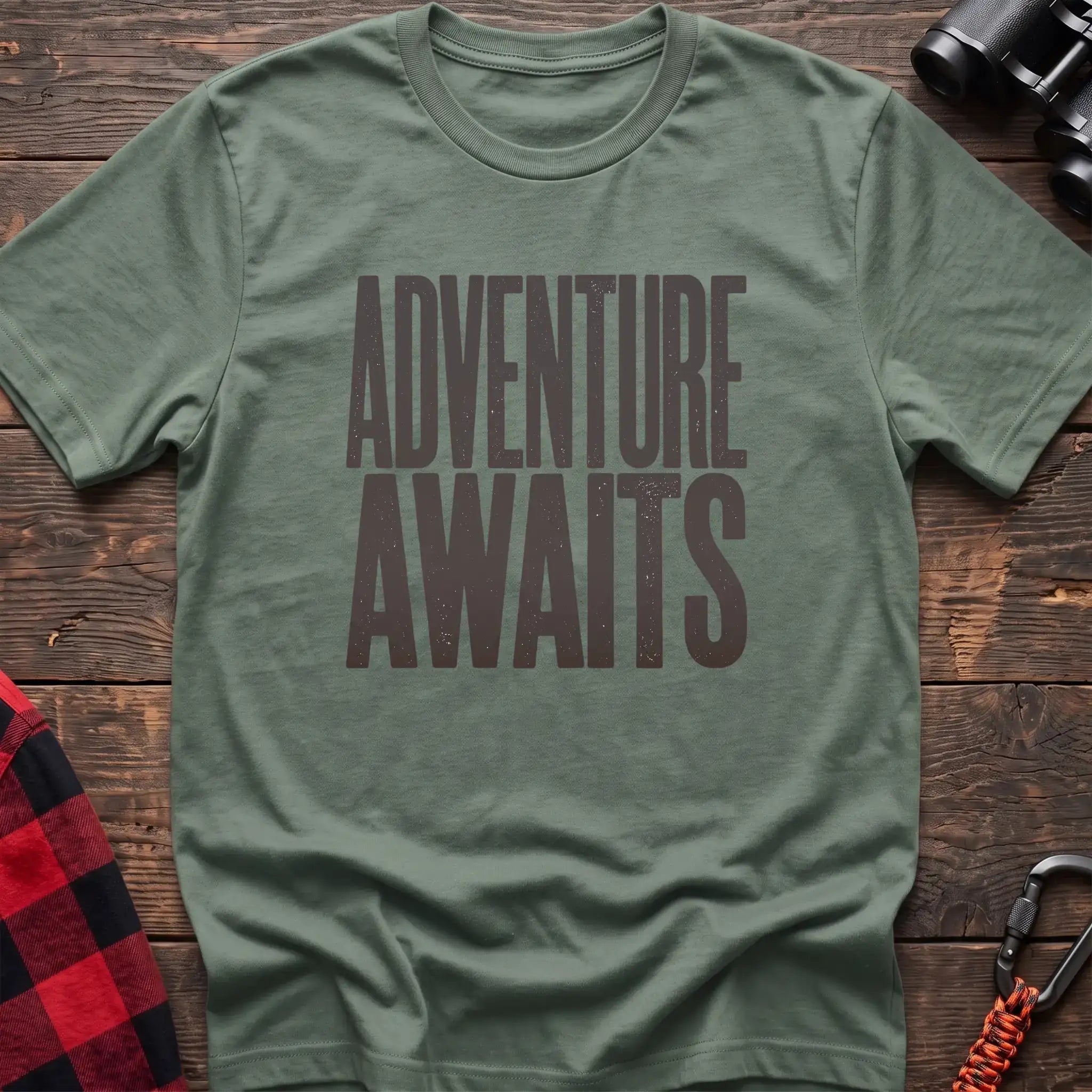 Sage t-shirt with large distressed gray text reading Adventure Awaits