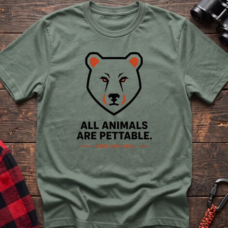 Sage hiking t-shirt with geometric bear face and the text “All Animals Are Pettable Some Only Once”