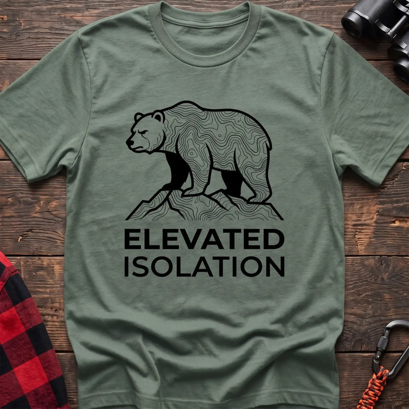 Sage t-shirt with topographic bear standing on a mountain peak and the text Elevated Isolation