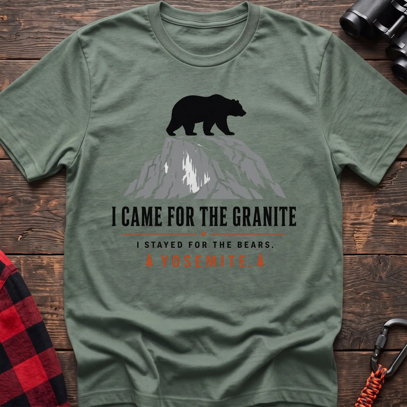 Sage cotton t-shirt with a bear on granite graphic and I Came for the Granite Yosemite text on rustic wood