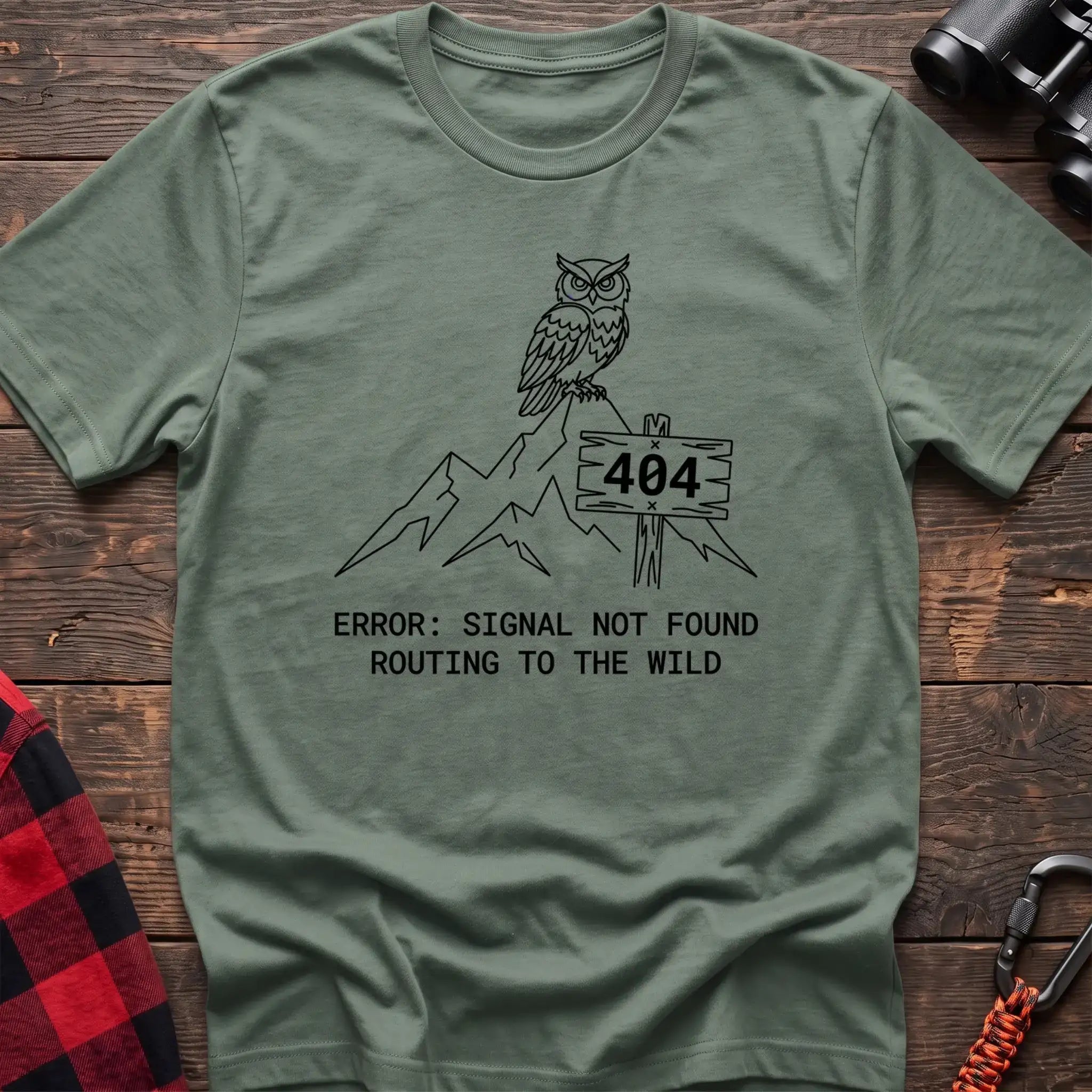 Sage t-shirt with owl on a mountain peak next to a 404 sign and the text Error Signal Not Found Routing to the Wild