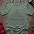 Sage t-shirt with topographic mountain trail graphic and the text Explore the Unseen
