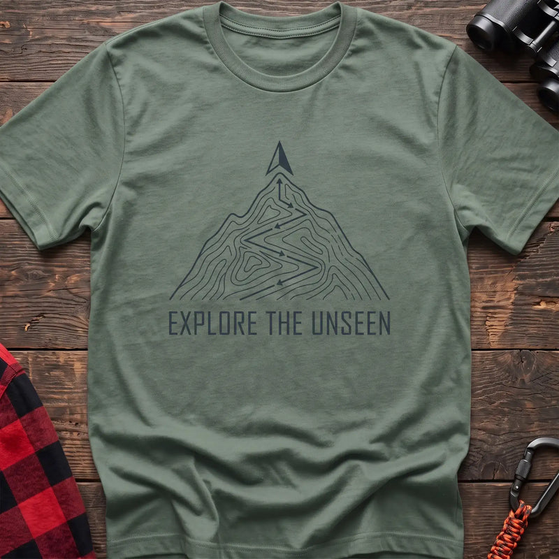 Sage t-shirt with topographic mountain trail graphic and the text Explore the Unseen