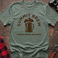 Sage t-shirt with brown coffee percolator and mountain graphic reading Summit Brew Fueled by Altitude and Caffeine