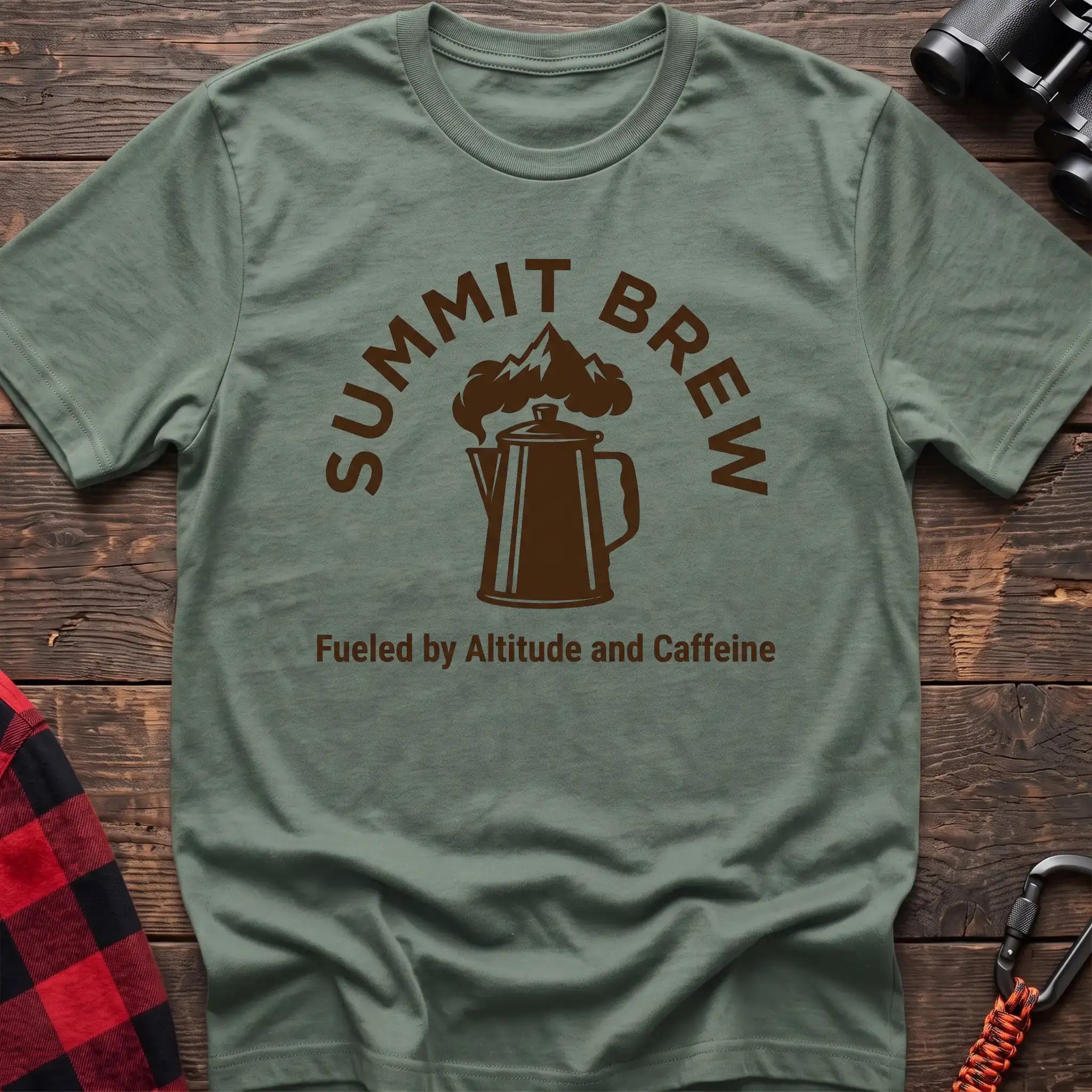Sage t-shirt with brown coffee percolator and mountain graphic reading Summit Brew Fueled by Altitude and Caffeine