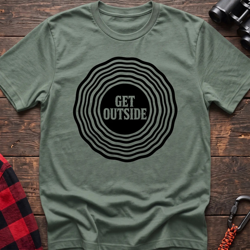 Sage hiking t-shirt with Get Outside text inside a black topographic ripple circle graphic