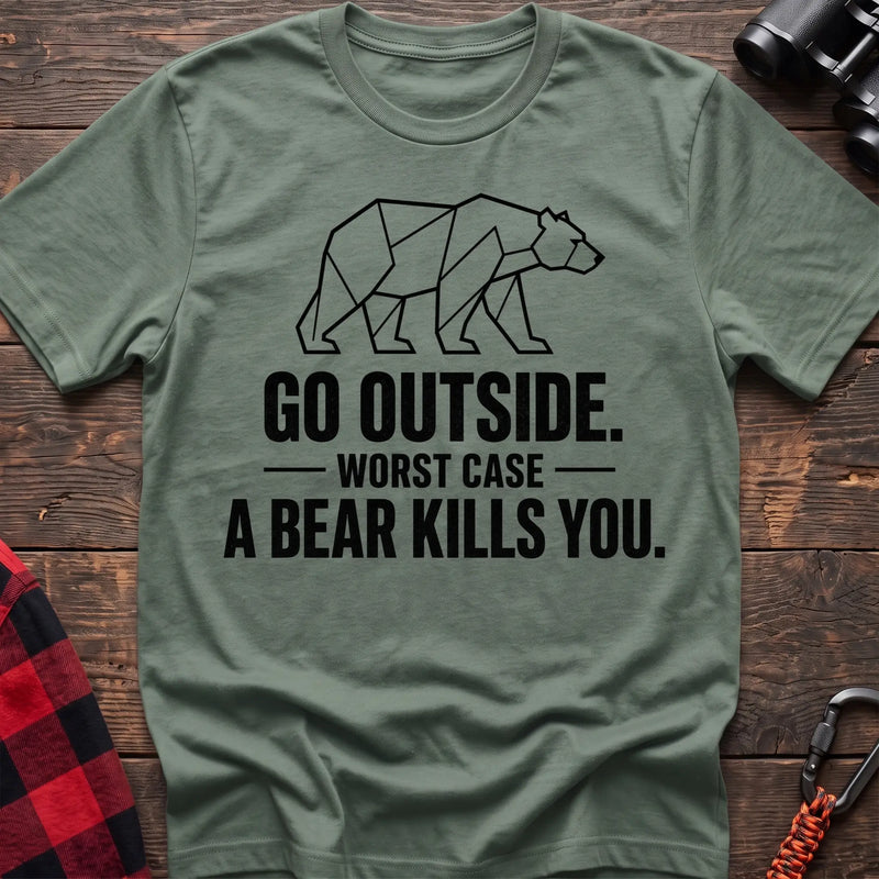 Sage cotton hiking t-shirt with geometric bear graphic and "Go outside worst case a bear kills you" quote