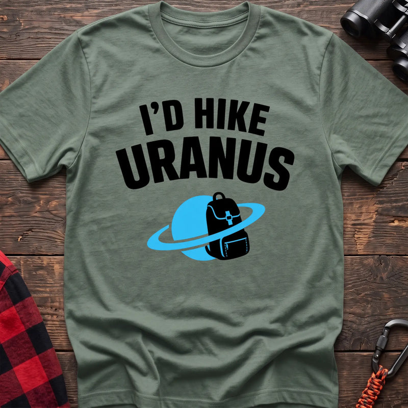 Sage hiking t-shirt with a backpack-and-planet graphic and the text “I’d Hike Uranus”