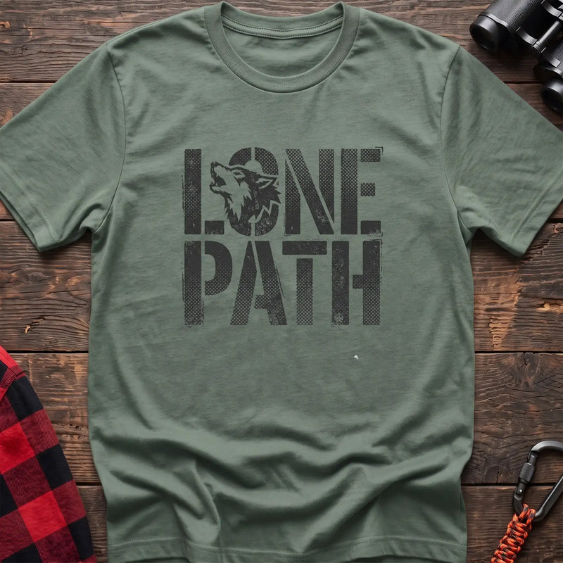 Sage t-shirt with distressed text reading Lone Path and a wolf silhouette in the letter O