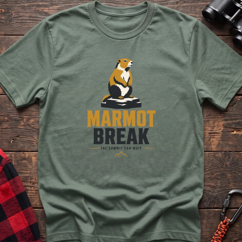 Sage hiking t-shirt with a sitting marmot graphic and the text “Marmot Break The Summit Can Wait”