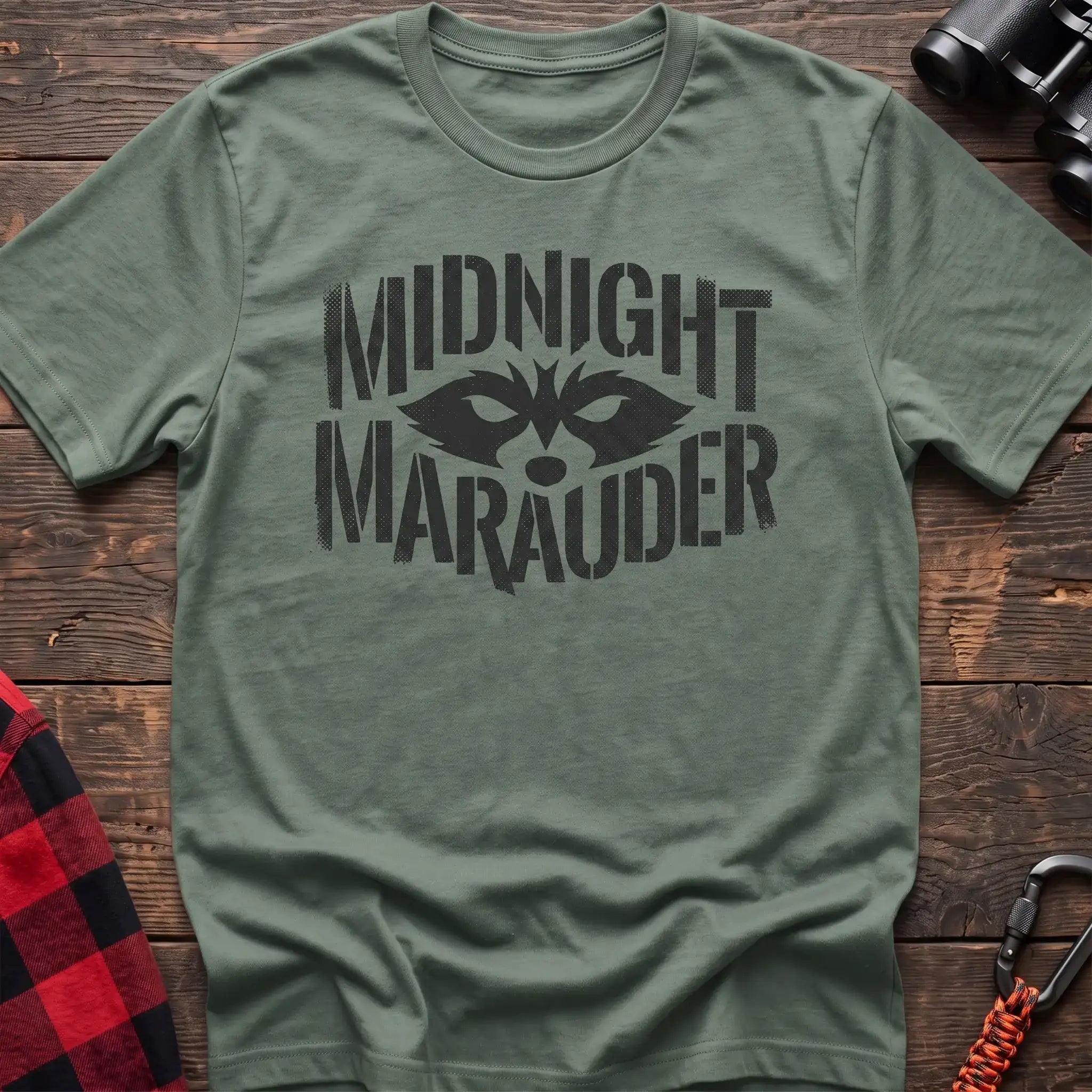 Sage t-shirt with dark raccoon face graphic and the text Midnight Marauder
