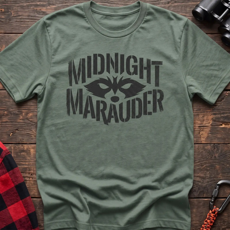 Sage t-shirt with dark raccoon face graphic and the text Midnight Marauder