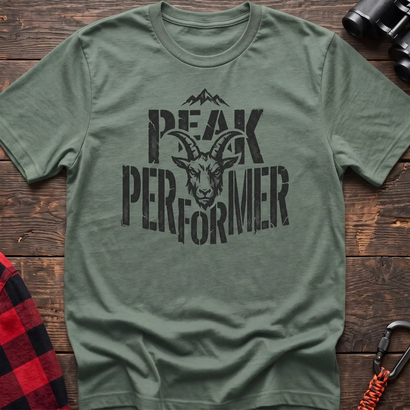 Sage t-shirt with mountain goat head graphic and the text Peak Performer