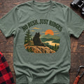 Sage cotton t-shirt with a bear on a ridge graphic and No Rush Just Ridges text on rustic wood