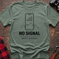 Sage cotton hiking t-shirt with phone signal bars as mountains graphic and "No signal best signal" quote