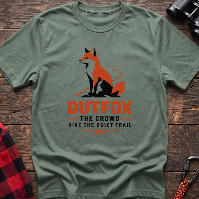 Sage hiking t-shirt with geometric fox graphic and Outfox the Crowd Hike the Quiet Trail text
