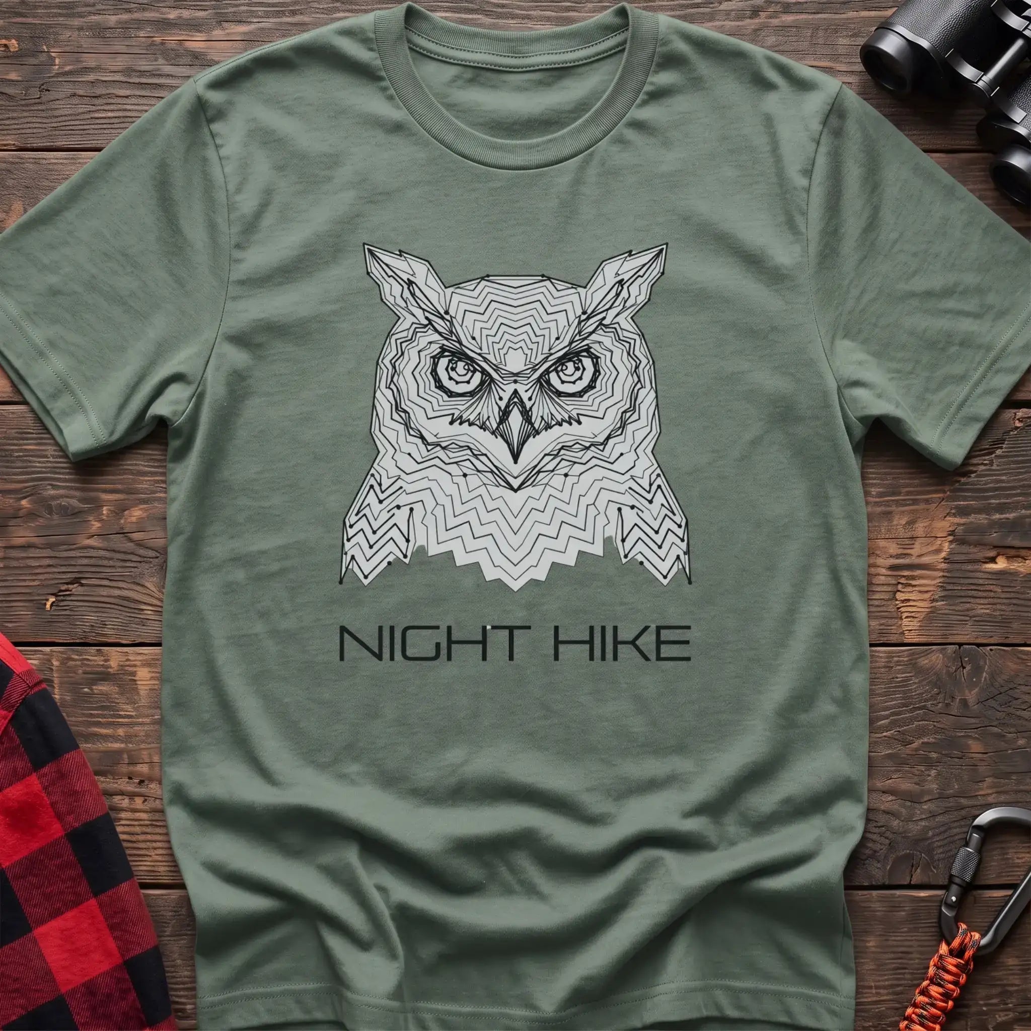 Sage t-shirt with geometric topographic owl face graphic and the text Night Hike