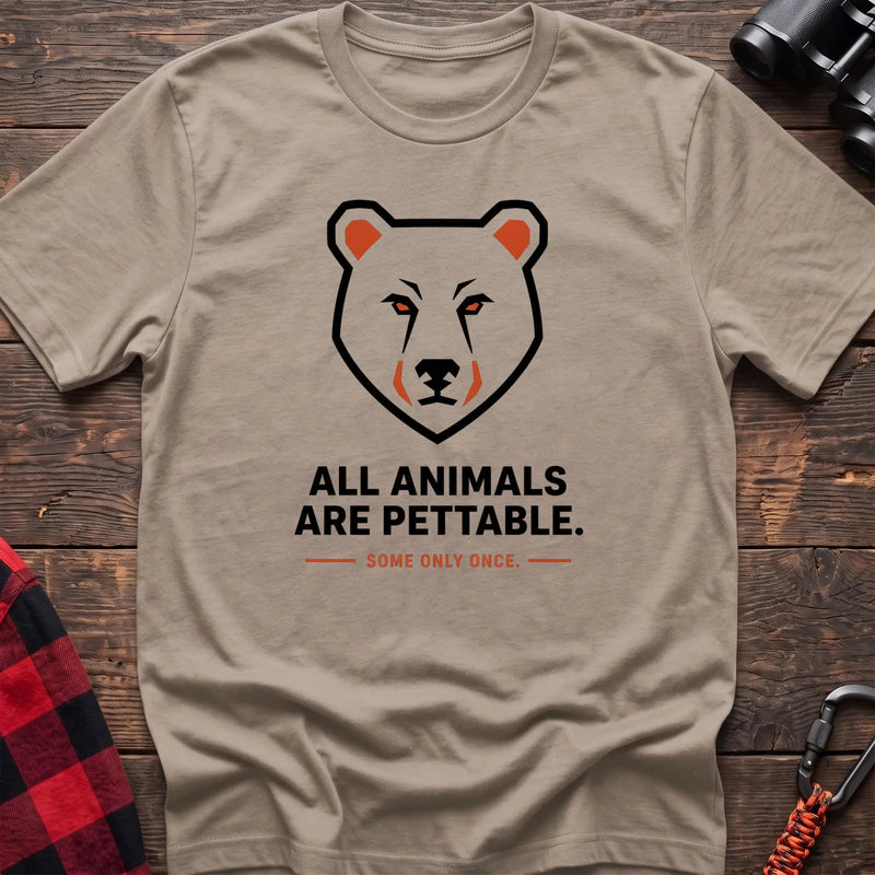 Sand hiking t-shirt with geometric bear face and the text “All Animals Are Pettable Some Only Once”
