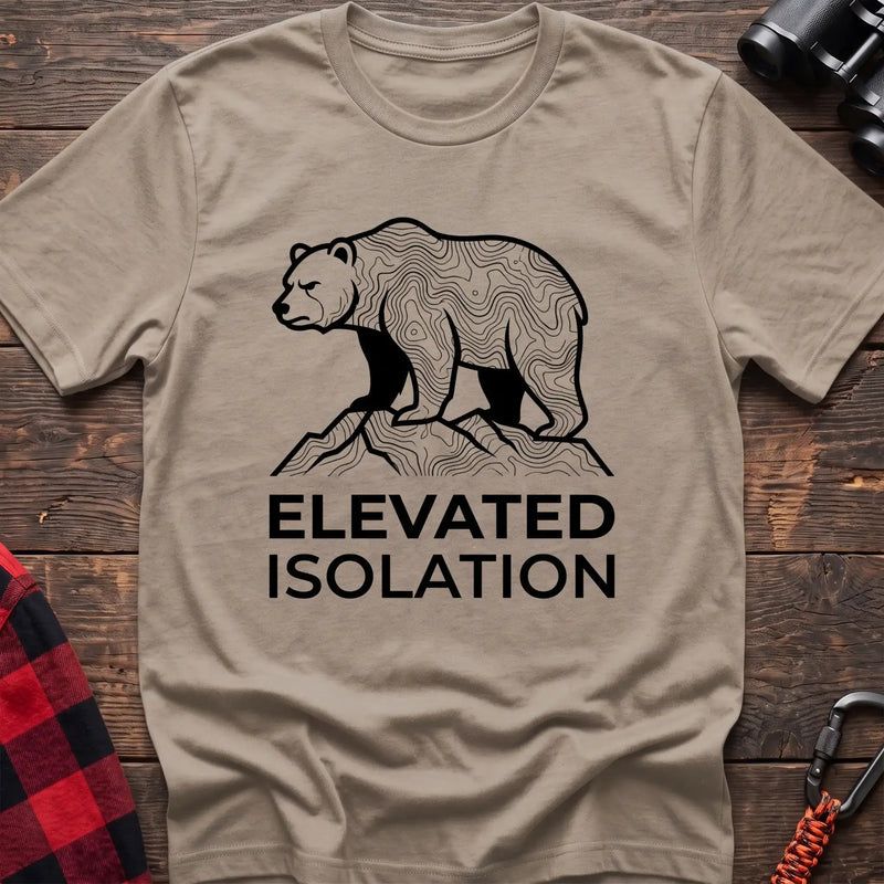 Sand t-shirt with topographic bear standing on a mountain peak and the text Elevated Isolation