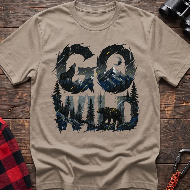 Sand t-shirt with wilderness scene of a howling wolf and bear integrated into the text Go Wild
