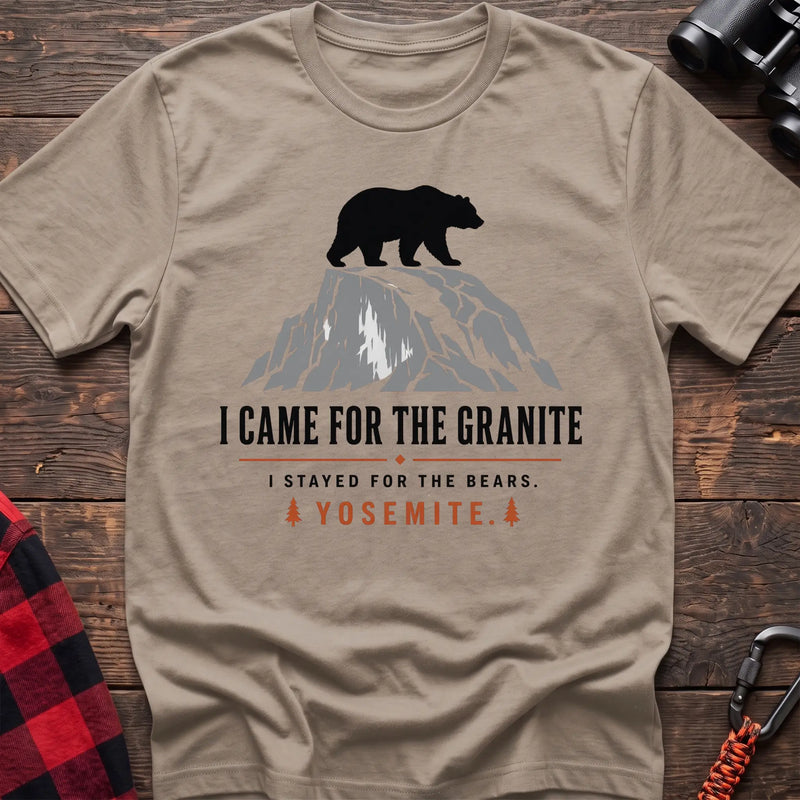 Sand cotton t-shirt with a bear on granite graphic and I Came for the Granite Yosemite text on rustic wood