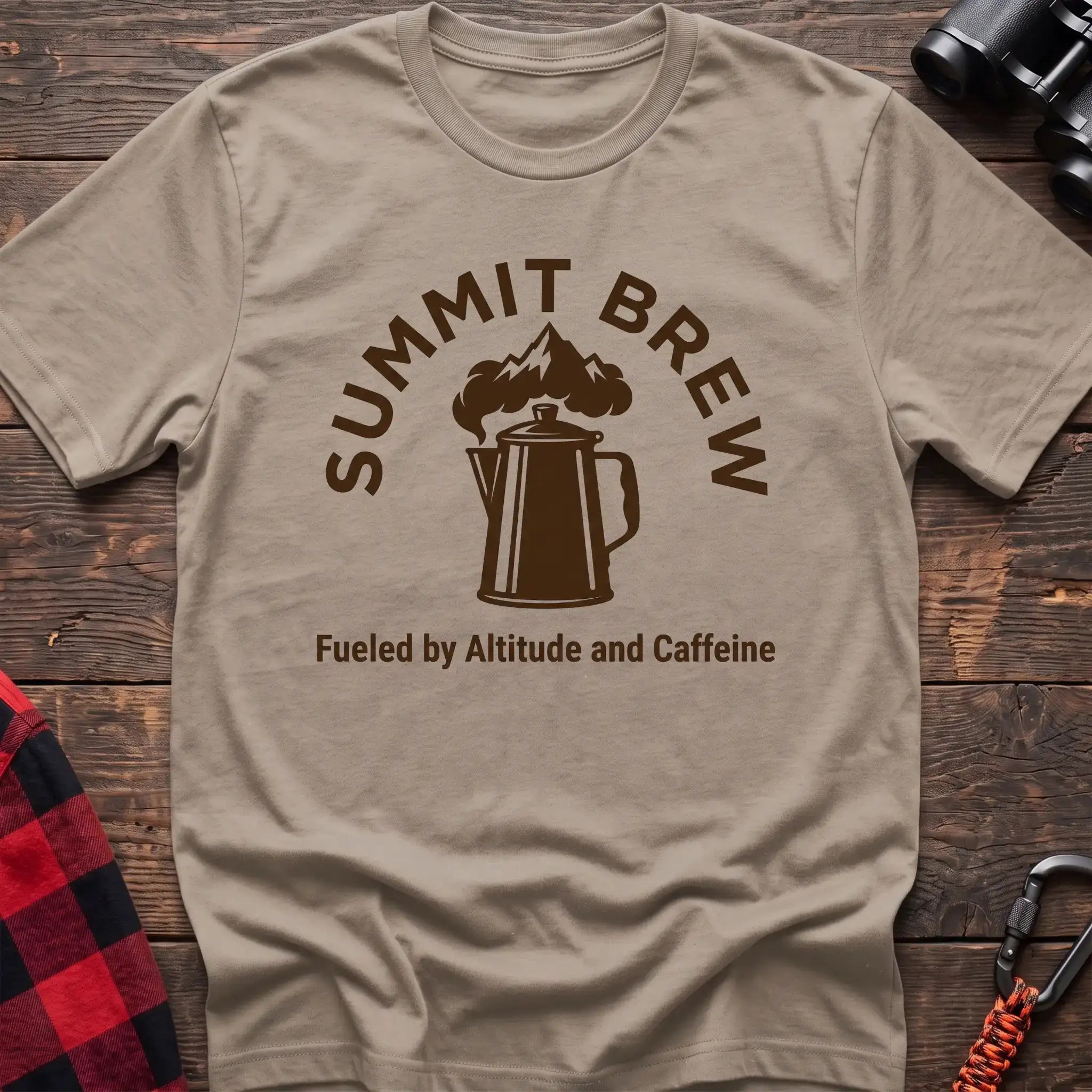 Sand t-shirt with brown coffee percolator and mountain graphic reading Summit Brew Fueled by Altitude and Caffeine