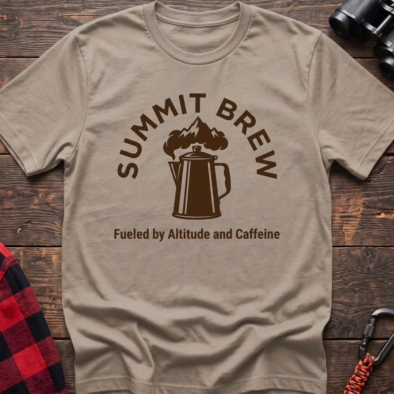 Sand t-shirt with brown coffee percolator and mountain graphic reading Summit Brew Fueled by Altitude and Caffeine