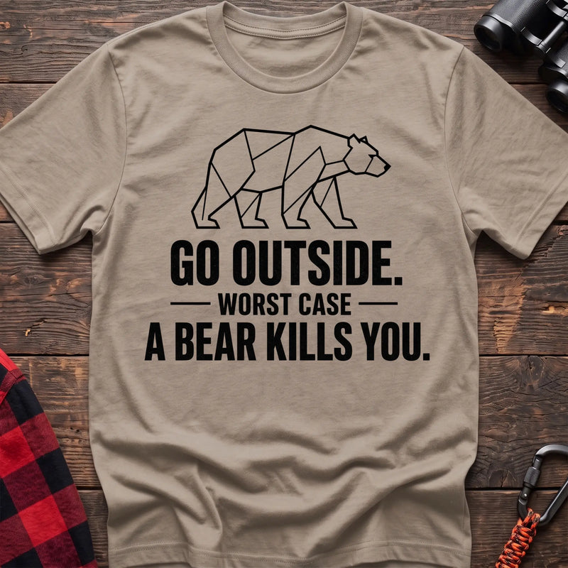 Sand cotton hiking t-shirt with geometric bear graphic and "Go outside worst case a bear kills you" quote