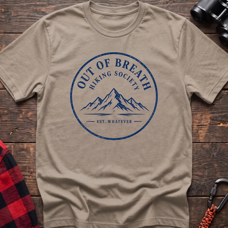 Sand hiking t-shirt with Out of Breath Hiking Society mountain badge and Est Whatever text