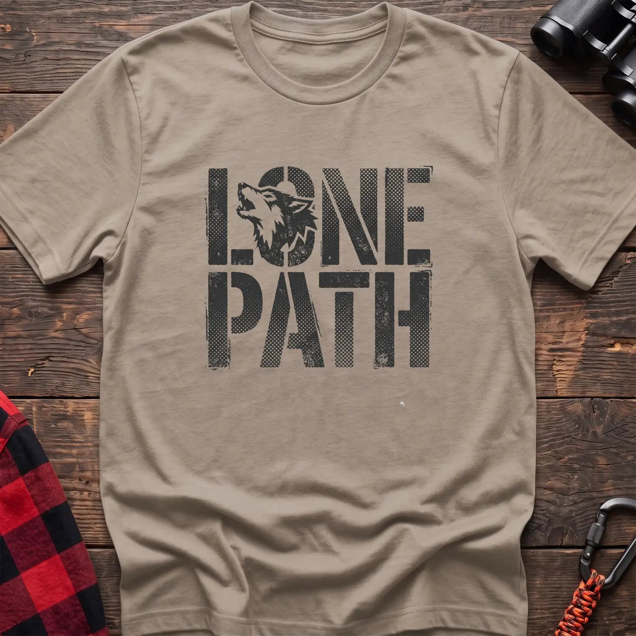 Sand t-shirt with distressed text reading Lone Path and a wolf silhouette in the letter O