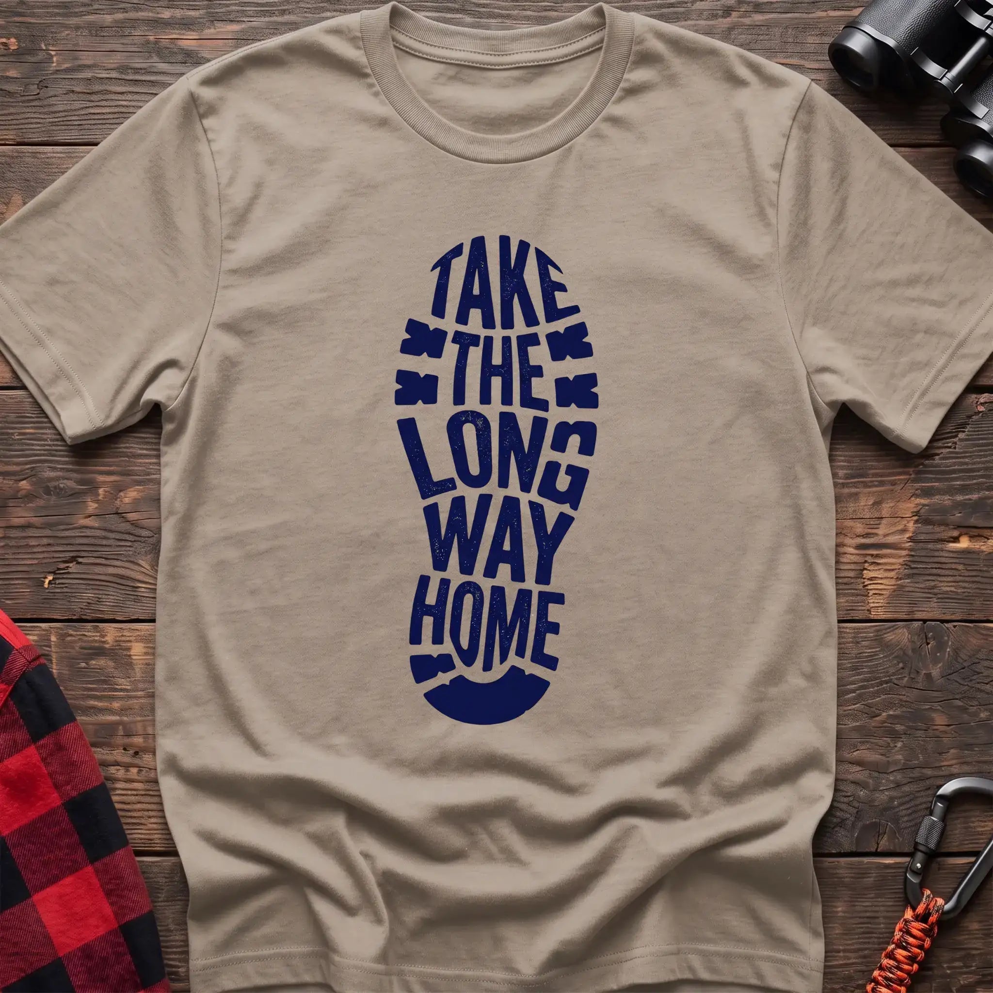 Sand t-shirt with white boot print graphic reading Take the Long Way Home