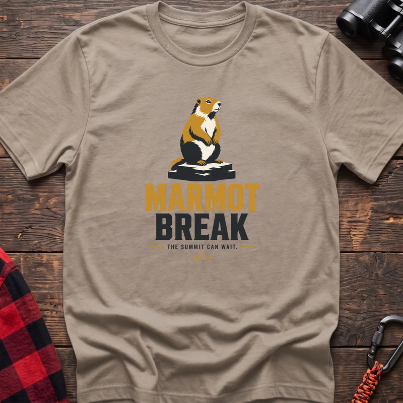 Sand hiking t-shirt with a sitting marmot graphic and the text “Marmot Break The Summit Can Wait”