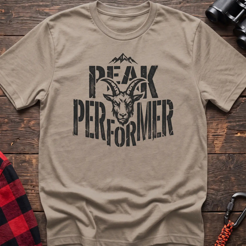 Sand t-shirt with mountain goat head graphic and the text Peak Performer