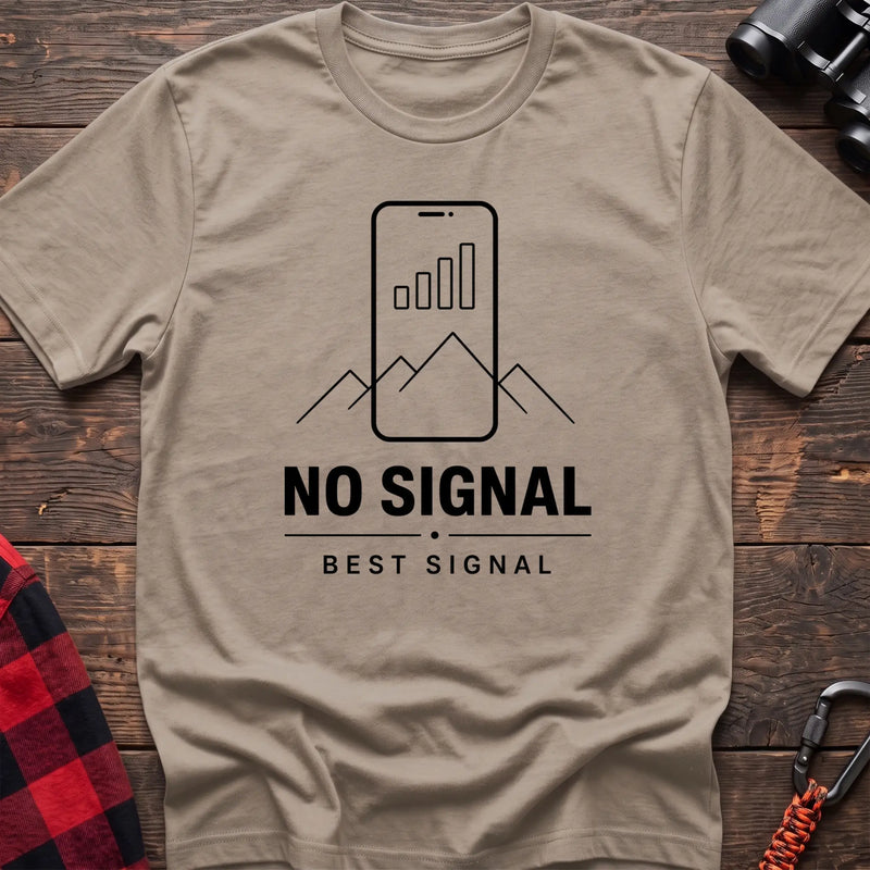 Sand cotton hiking t-shirt with phone signal bars as mountains graphic and "No signal best signal" quote