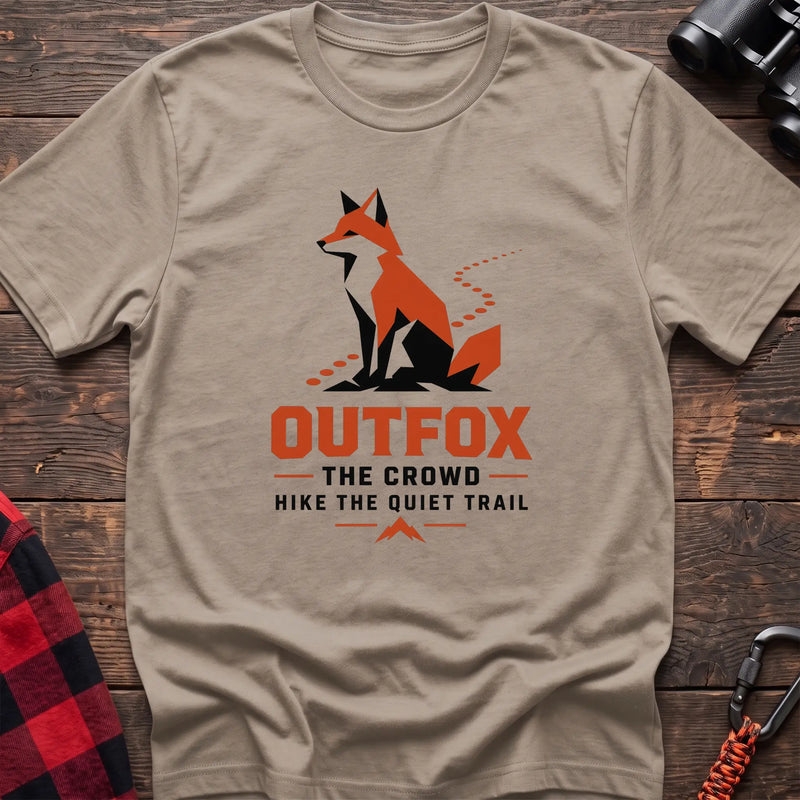 Sand hiking t-shirt with geometric fox graphic and Outfox the Crowd Hike the Quiet Trail text