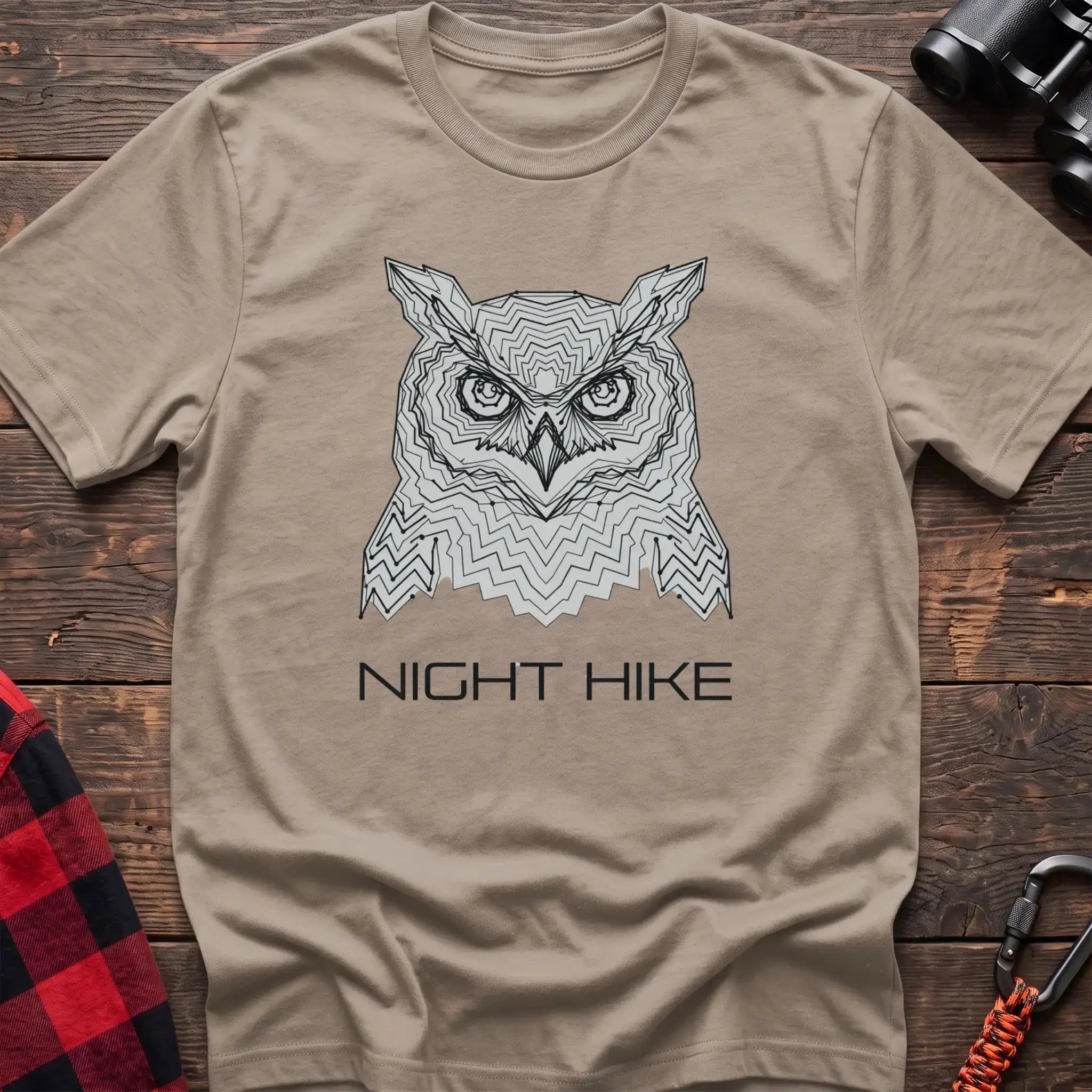 Sand t-shirt with geometric topographic owl face graphic and the text Night Hike