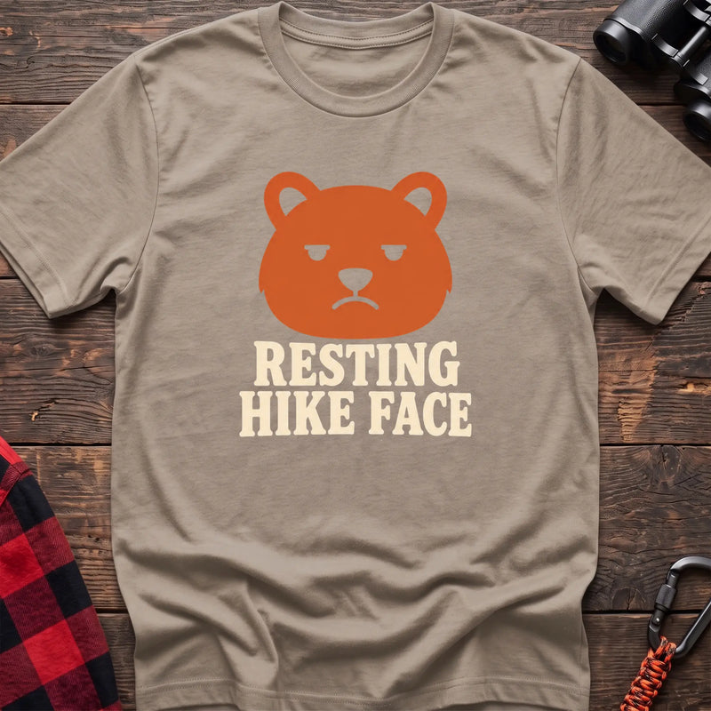 Sand cotton t-shirt with a grumpy bear graphic and Resting Hike Face text on rustic wood