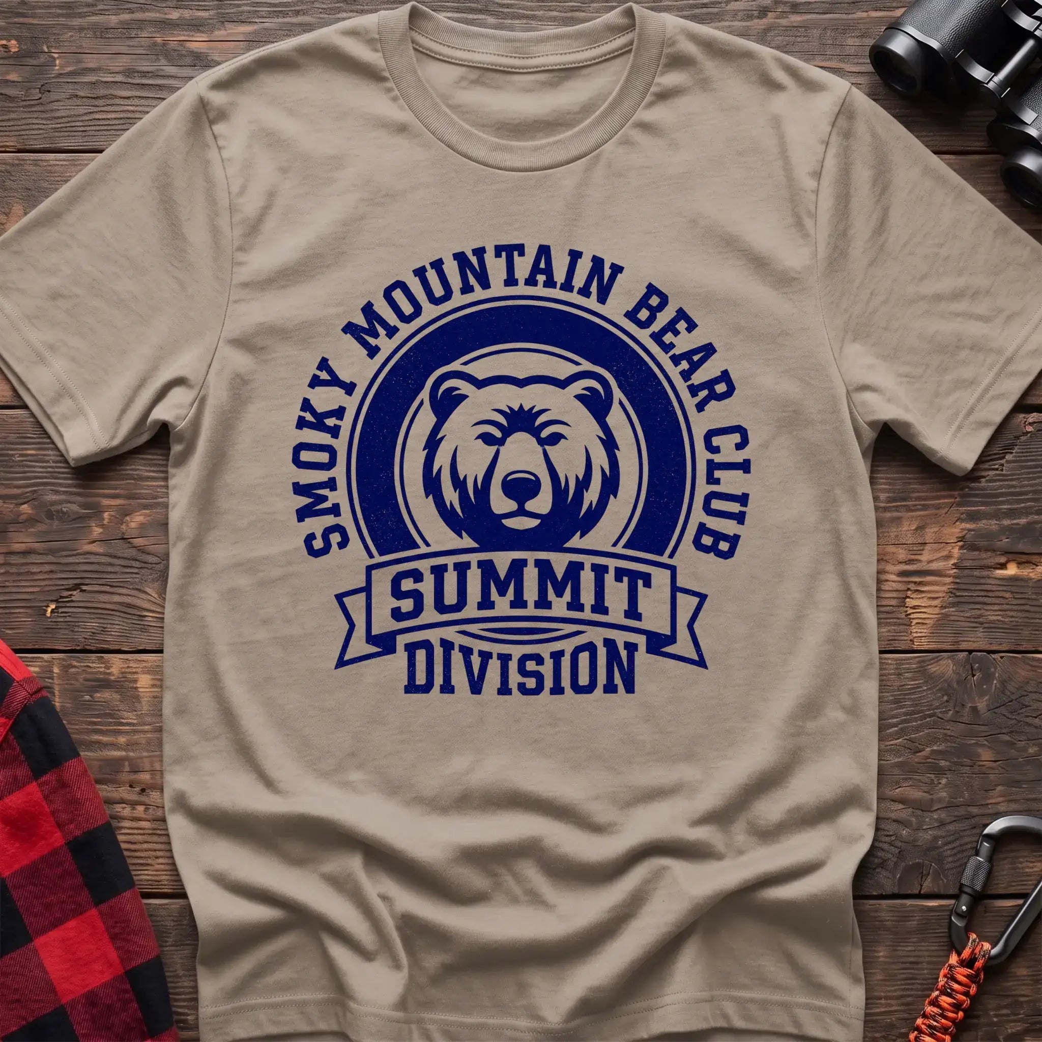 Sand t-shirt with circular badge graphic of a bear face reading Smoky Mountain Bear Club Summit Division