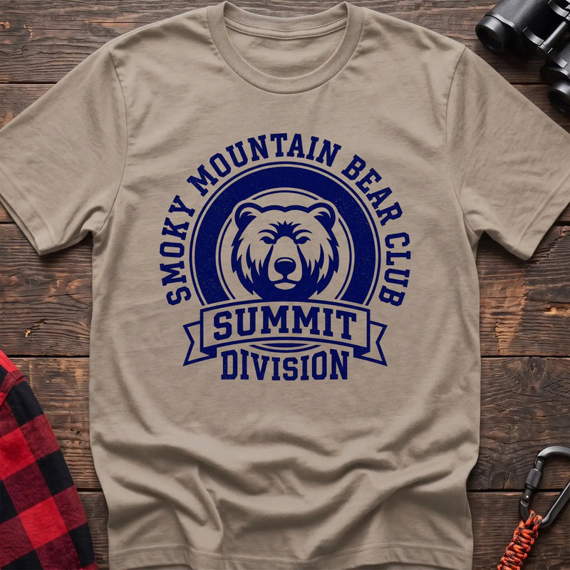 Sand t-shirt with circular badge graphic of a bear face reading Smoky Mountain Bear Club Summit Division
