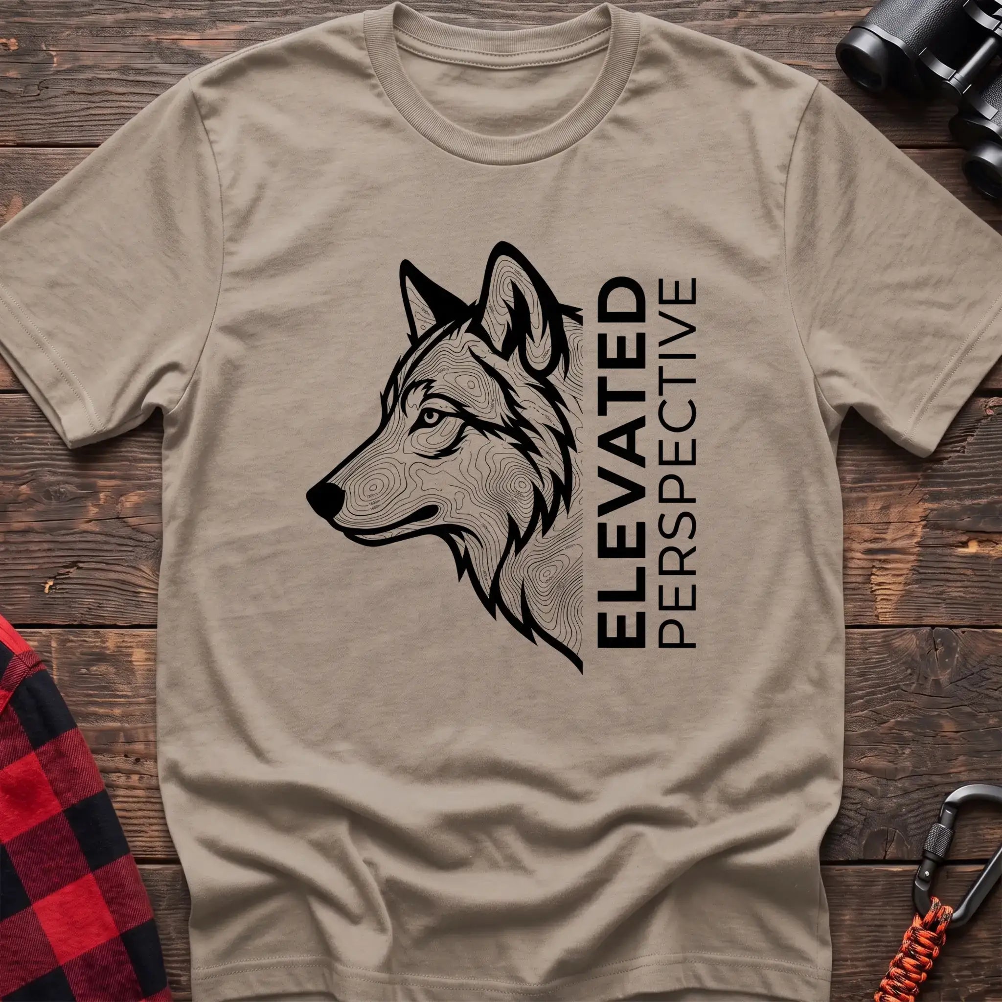 Sand t-shirt with topographic wolf head graphic and vertical text Elevated Perspective