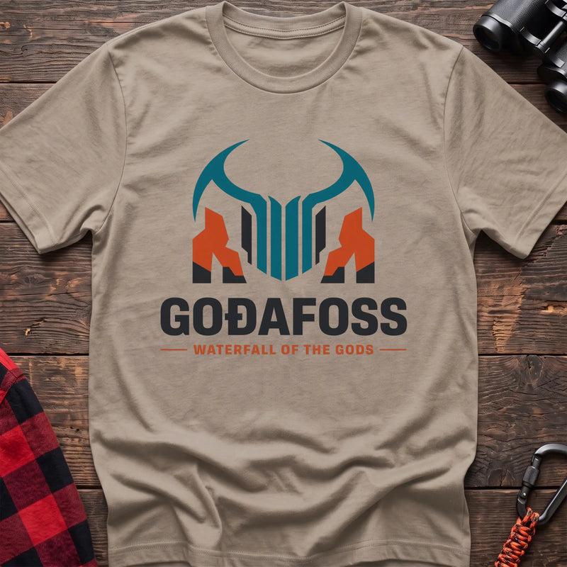 Sand cotton t-shirt with a basalt column graphic and Svartifoss Basalt and Bad Weather text on rustic wood