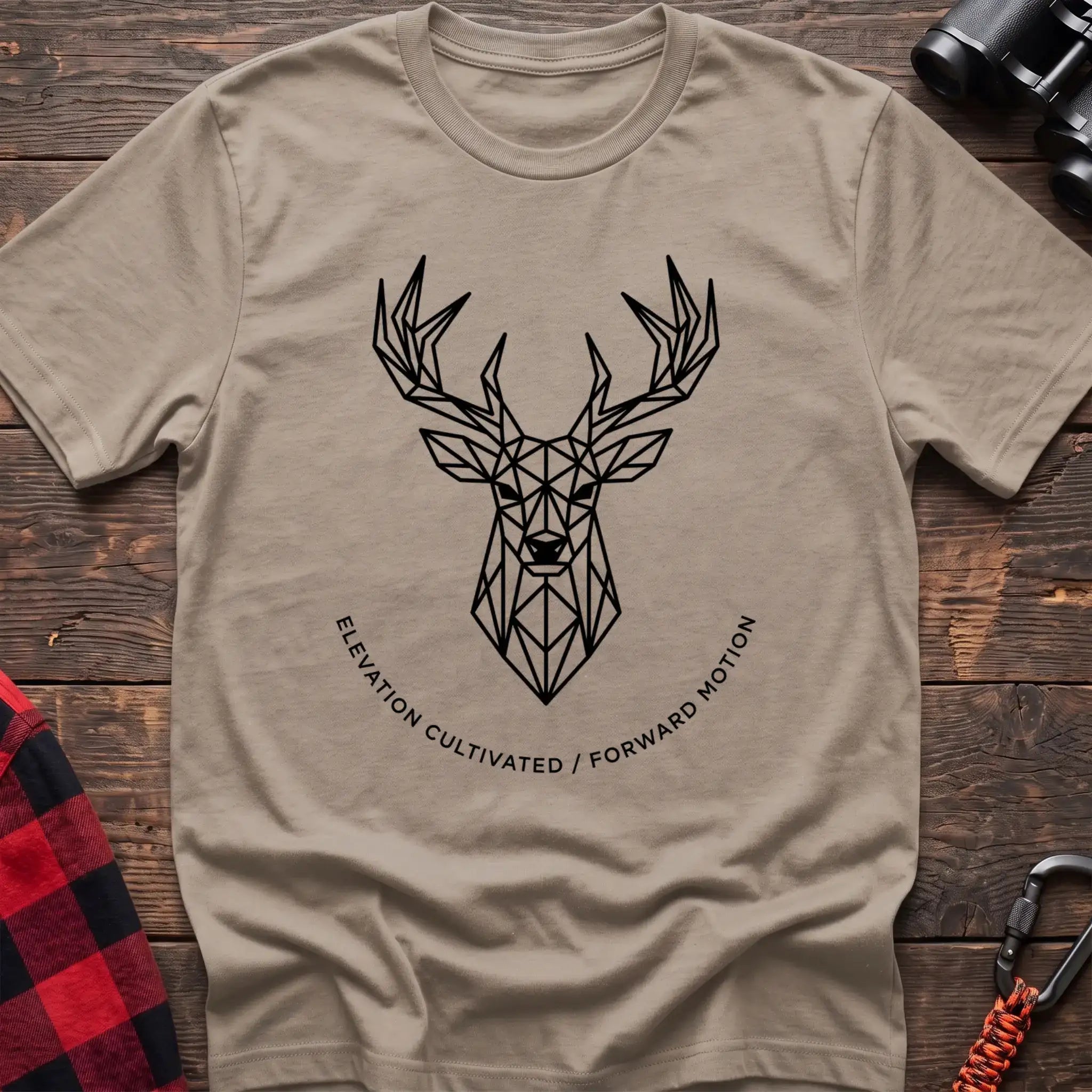 Sand t-shirt with geometric deer head graphic and the text Elevation Cultivated Forward Motion