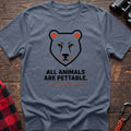 Stone blue hiking t-shirt with geometric bear face and the text “All Animals Are Pettable Some Only Once”