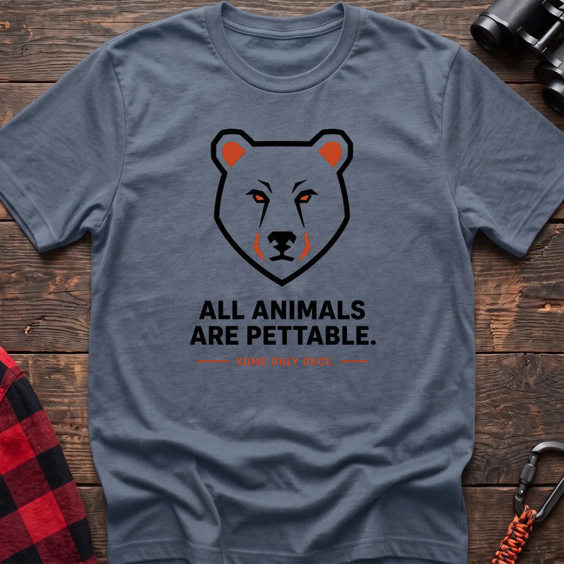 Stone blue hiking t-shirt with geometric bear face and the text “All Animals Are Pettable Some Only Once”